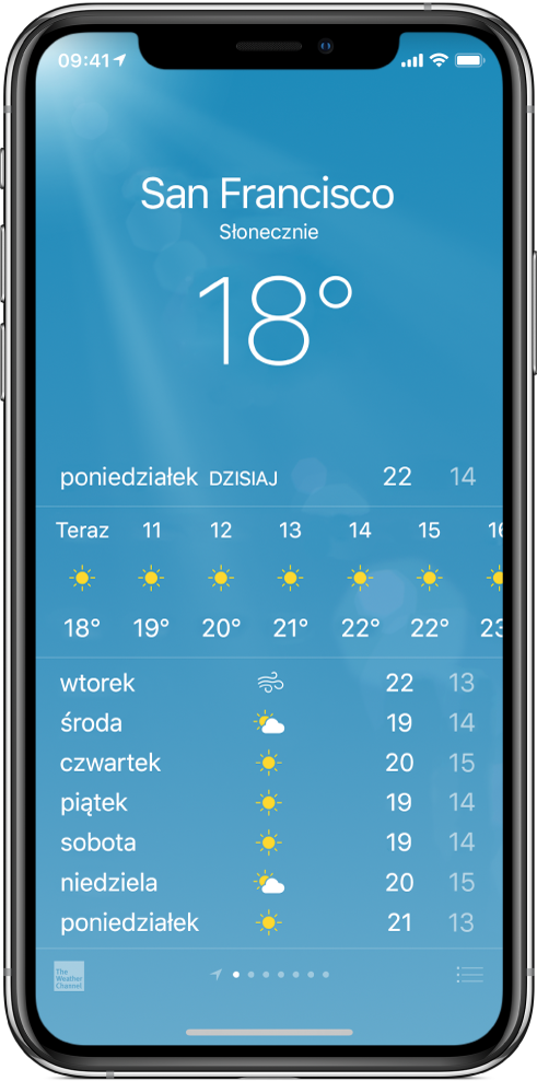 Ekran aplikacji Pogoda z nazwą miasta, bieżącymi warunkami i bieżącą temperaturą. Poniżej znajduje się bieżąca, godzinna prognoza pogody, oraz prognoza na najbliższych 5 dni. Szereg kropek na środku dolnej części ekranu określa liczbę dodanych miast.