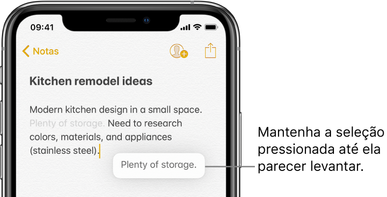 A frase selecionada parece levantar depois que um usuário mantém a seleção pressionada.