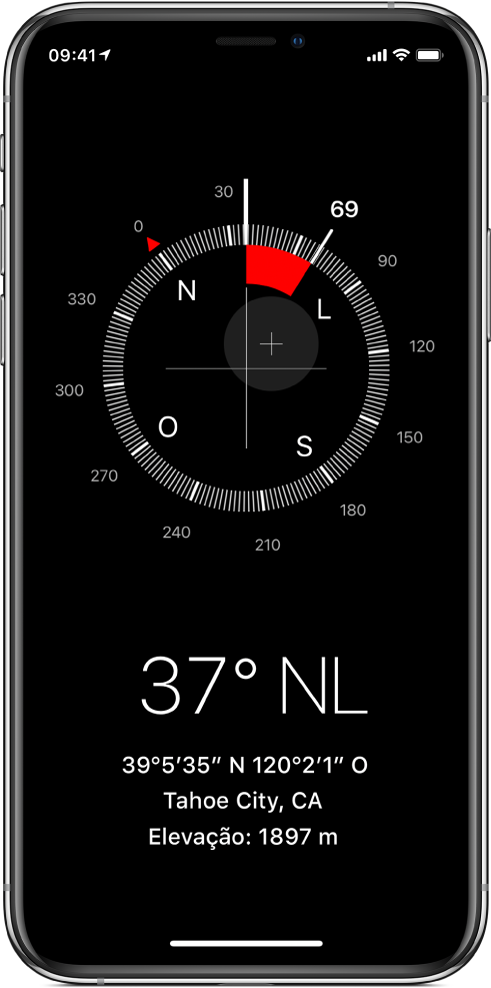 Tela da Bússola mostrando a direção em que o iPhone está apontando, a sua localização atual e a elevação.