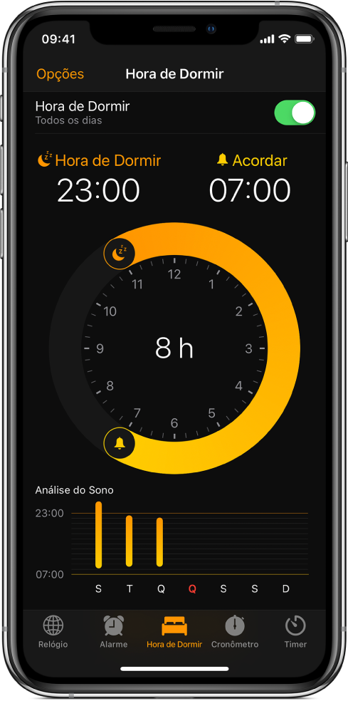 O botão Hora de Dormir está selecionado no app Relógio, mostrando a hora de dormir, às 11 da noite, e a hora de acordar, às 7 da manhã.