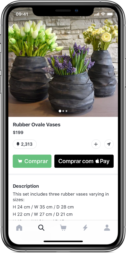 Um app mostrando uma tela de pagamento que inclui o botão “Comprar com Apple Pay”.