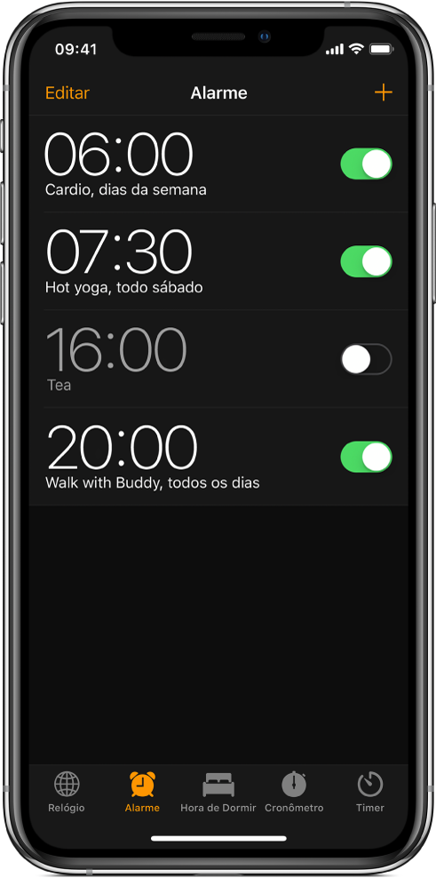 Aba Alarme mostrando quatro alarmes para horas diferentes.
