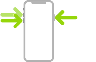 Ilustração do iPhone com setas que indicam o botão lateral na parte superior direita e os botões aumentar volume e diminuir volume na parte superior esquerda.