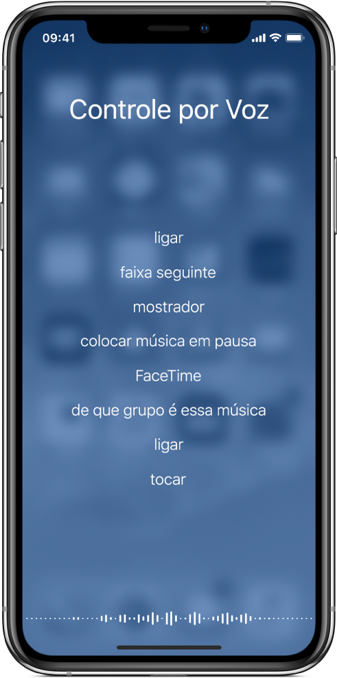 A tela do Controle por Voz exibindo exemplos de comandos que podem ser utilizados. Uma forma de onda aparece ao longo da parte inferior da tela.