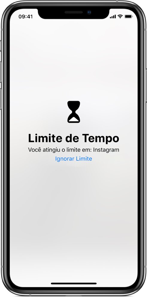 Tela com um alerta do Tempo de Uso mostrando que uma hora foi gasta no Instagram hoje. Abaixo do alerta, encontra-se um botão Ignorar Limite.