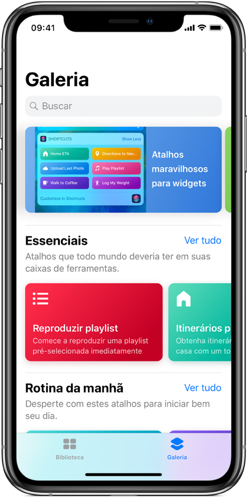 Aba Galeria do app Atalhos mostrando sugestões de atalhos.