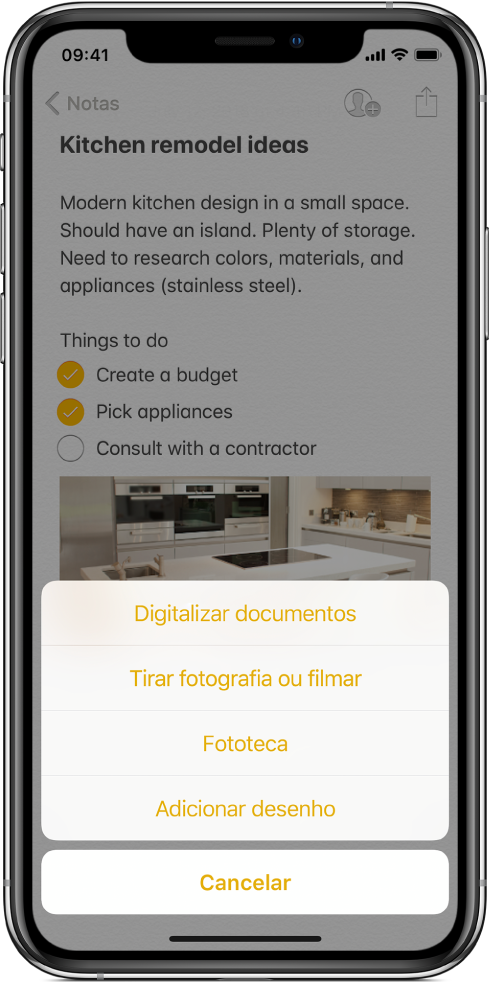 Uma nota no menu Inserir, a mostrar as opções para “Digitalizar documentos”, “Tirar fotografia ou filmar”, Fototeca ou “Adicionar desenho”.