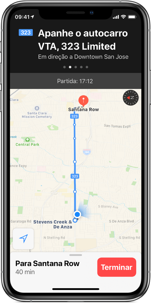 Um mapa de transportes a mostrar as paragens de uma linha de autocarro. Uma faixa na parte superior do ecrã mostra uma indicação para “Apanhar o autocarro VTA 323 Limited para a baixa de San Jose”.