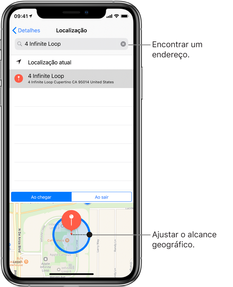 Os detalhes de localização de um lembrete. Na parte superior do ecrã encontra-se o campo de pesquisa, com um endereço. Por baixo, está o endereço do local encontrado nos resultados de pesquisa. Na parte inferior do ecrã, existe um mapa com um perímetro em torno do local. Na extremidade direita do perímetro há um ponto, que pode ser arrastado para ajustar o perímetro.