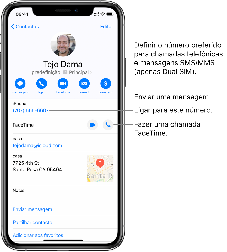 Ecrã de informação relativo a um contacto. Nome e fotografia do contacto no topo. Em baixo, botões para enviar uma mensagem, fazer uma chamada de voz, fazer uma chamada FaceTime e enviar um e‑mail. Por baixo dos botões encontra-se a informação do contacto.