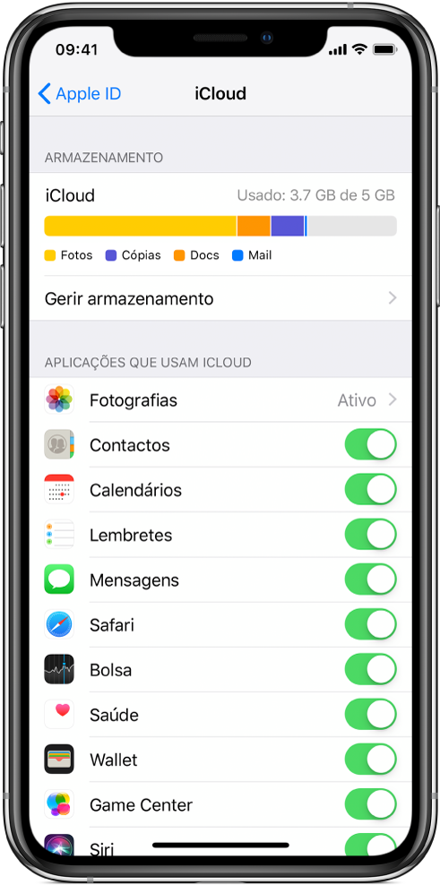 Ecrã das definições de iCloud, com o metro do armazenamento em iCloud e uma lista de aplicações e funcionalidades, incluindo Mail, Contactos e Mensagens, que podem ser usados com iCloud.