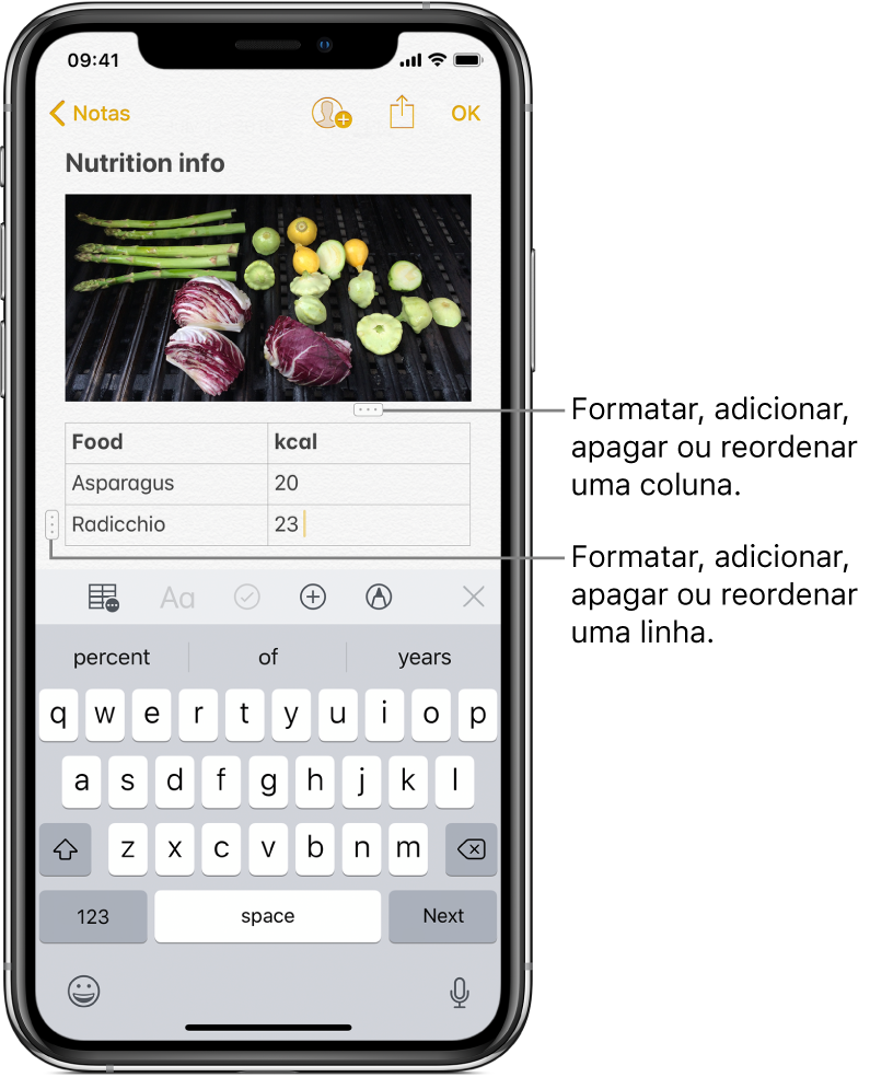 Uma nota com uma tabela. O topo de uma coluna mostra o puxador de seleção da coluna, no qual pode tocar para formatar, adicionar, apagar ou reordenar a coluna. De igual modo, o início de uma linha mostra o puxador de seleção da linha.