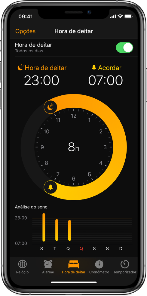 O botão “Hora de deitar” está selecionado na aplicação Relógio, que mostra a hora de deitar definida para as 23:00 e a hora de acordar definida para as 7:00.