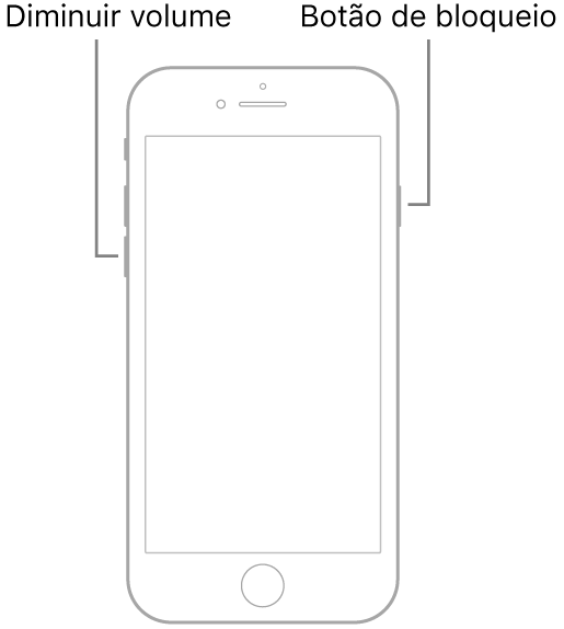 Ilustração do iPhone 7 com o ecrã virado para cima. O botão de reduzir o volume está no lado esquerdo do dispositivo, havendo um botão de bloqueio no lado direito.