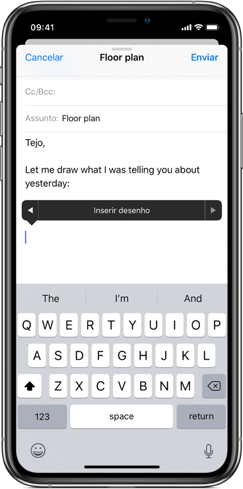 Um ecrã a mostrar como inserir um desenho no corpo de um e-mail. O botão “Inserir desenho”, que abre as ferramentas de desenho, aparece no corpo do e-mail.