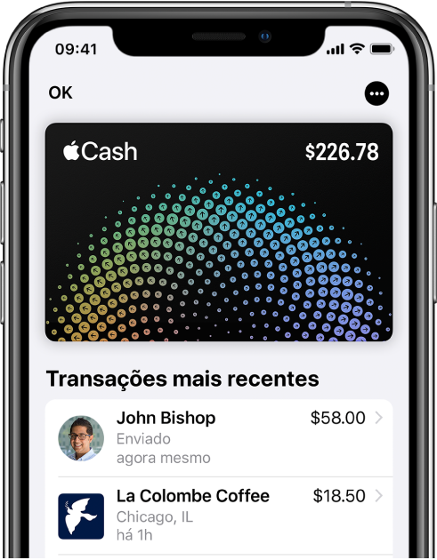 O cartão Apple Cash na Wallet, a mostrar o botão Mais no canto superior direito e as transações mais recentes por baixo do cartão.
