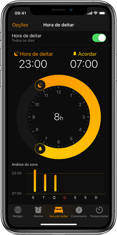 O separador “Hora de deitar” a mostrar a hora de deitar definida para as 23:00 e a hora de acordar definida para as 7:00.