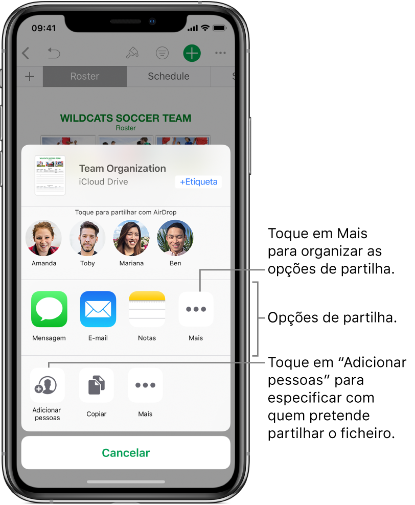 Ecrã de partilha de ficheiros. Na parte superior encontra-se o ficheiro selecionado para partilhar. Por baixo estão as pessoas com quem pode partilhar através de AirDrop. A seguir, estão outras opções de partilha, incluindo Mensagens, Mail, Notas, etc. A última linha tem botões para opções de ações, incluindo “Adicionar pessoas”, Copiar, etc.