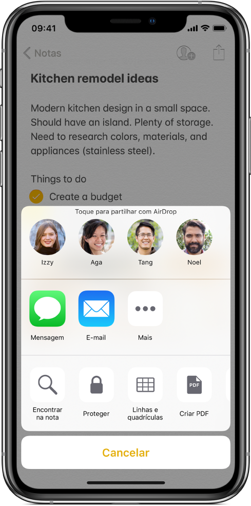 O ecrã de partilha com opções para partilhar uma nota com AirDrop ou através das aplicações Mensagens ou Mail.