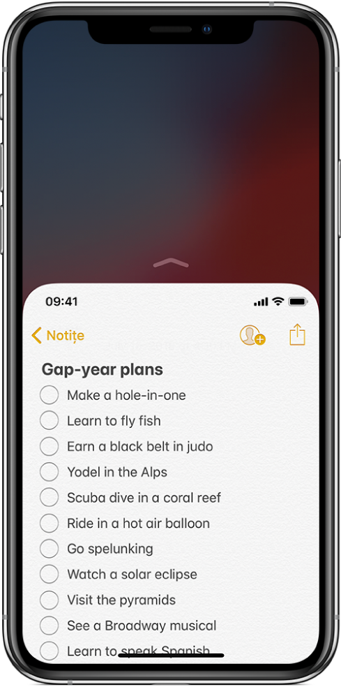 Ecran iPhone cu opțiunea Accesare ușoară activată. Partea de sus a ecranului a coborât, astfel încât lista din aplicația Notițe poate fi accesată ușor cu degetul mare.