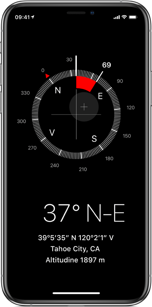 Ecranul Busolă indicând direcția în care este îndreptat iPhone-ul, localizarea și altitudinea dvs. curente.