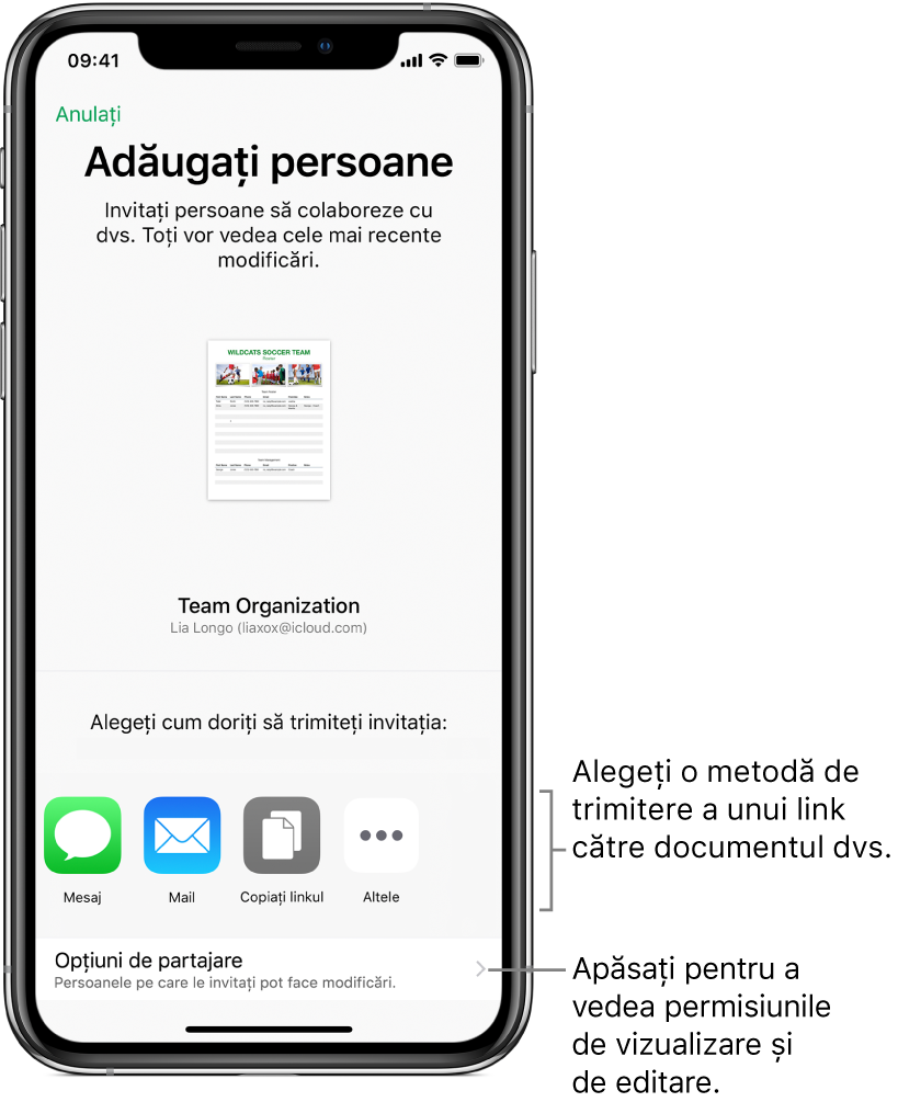 Ecran pentru invitarea persoanelor la vizualizarea și editarea fișierului. Printre modalitățile de trimitere a invitației se numără Mesaj și Mail. Opțiunile de partajare apare sub acestea.
