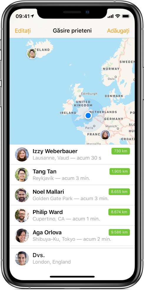 Un ecran Găsire prieteni cu o hartă în partea de sus prezentând localizările prietenilor dvs. și o listă în partea de jos afișând numele prietenilor, localizările lor și distanța față de dvs.
