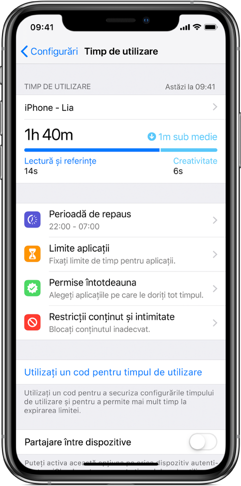 Configurările pentru timpul de utilizare pe care le puteți activa: Perioadă de repaus, Limite aplicații, Permiteți întotdeauna și Restricții pentru conținut și intimitate.