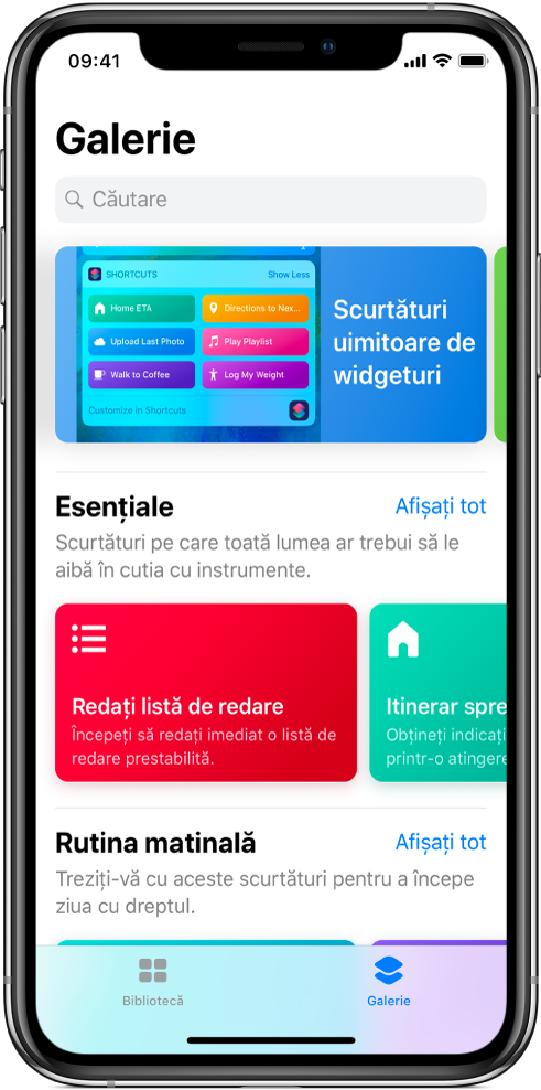 Fila Galerie din aplicația Scurtături, afișând sugestii pentru scurtături.