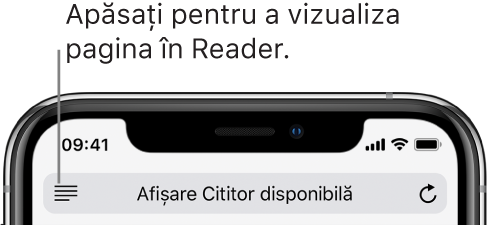 Câmpul de adresă din Safari, cu butonul Cititor în stânga.