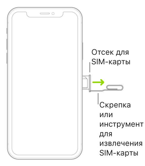 Конец небольшой скрепки или инструмента для извлечения SIM-карты вставлен в отверстие лотка на правой стороне iPhone для извлечения лотка.