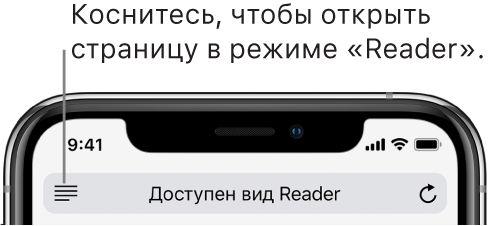 Поле адреса в Safari, с кнопкой «Reader» слева.