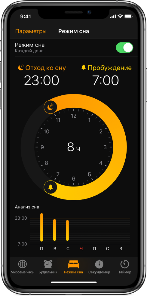 В программе «Часы» выбрана вкладка «Режим сна», на которой показано время отхода ко сну в 23:00 и время пробуждения в 7:00.
