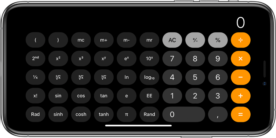 iPhone повернут горизонтально. На его экране показан научный калькулятор с экспоненциальными, логарифмическими и тригонометрическими функциями.