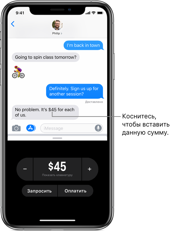 Разговор iMessage с программой Apple Pay в нижней части экрана.