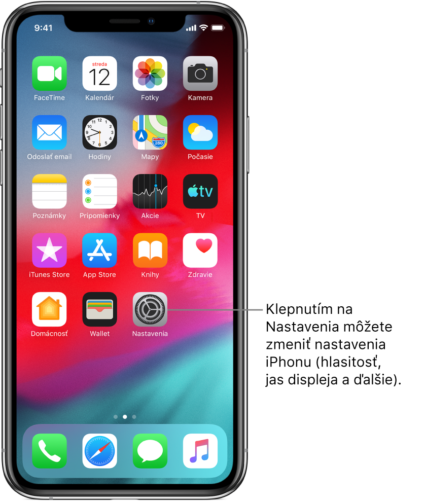 Plocha s niekoľkými ikonami vrátane ikony apky Nastavenia, po klepnutí na ktorú môžete upraviť hlasitosť, jas obrazovky a ďalšie nastavenia iPhonu.