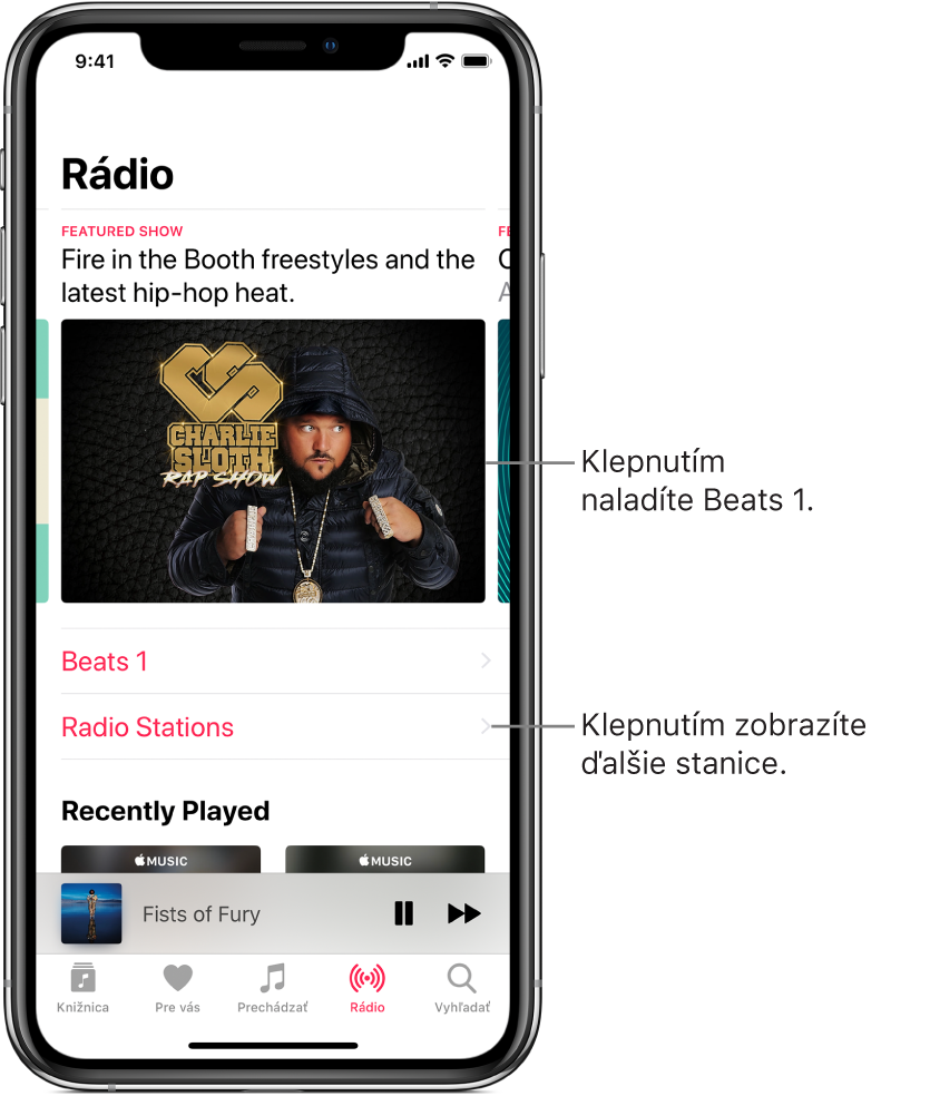 Obrazovka Rádio s rádiom Beats 1 v hornej časti. Nižšie sa nachádzajú položky Beats 1 a Rádiostanice.