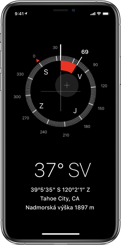 Obrazovka apky Kompas so zobrazeným smerom, ktorým ukazuje iPhone, vašou aktuálnou polohou a nadmorskou výškou.