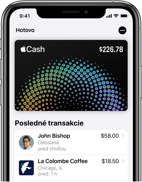 Apple Cash karta vo Wallete. Vpravo hore je tlačidlo Viac a pod kartou sú uvedené posledné transakcie.