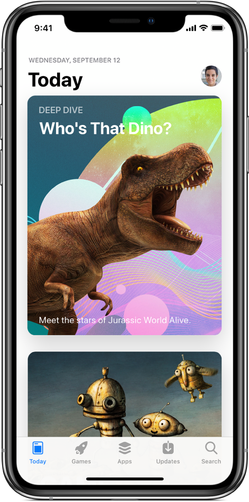 Zaslon »Today« spletne trgovine App Store prikazuje trenutno aplikacijo. Vaša profilna slika, ki jo tapnete, da si ogledate nakupe, je zgoraj desno. Na dnu zaslona so od leve proti desni zavihki »Today«, »Games«, »Apps«, »Updates« in »Search«.