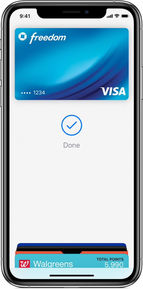 Kreditna kartica na zaslonu »Wallet«. Pod kartico sta kljukica in beseda »Done«.