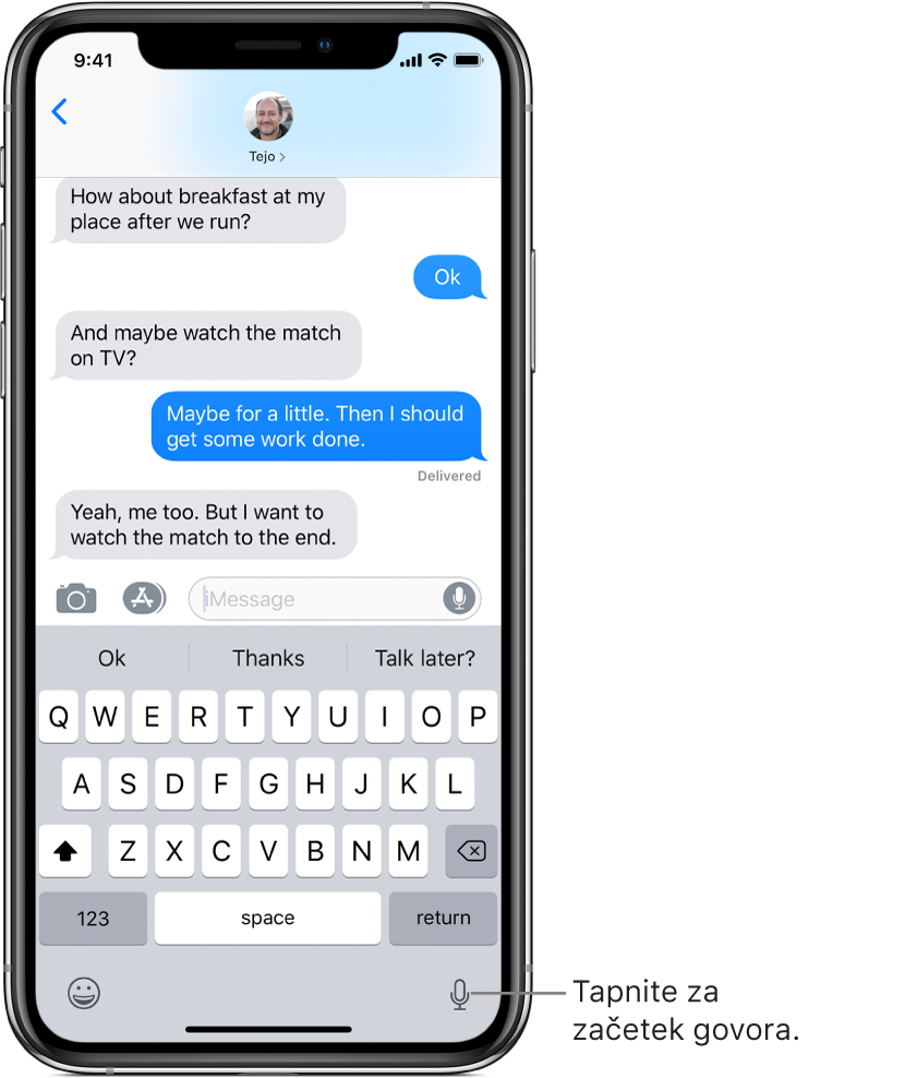 Zaslonska tipkovnica s tipko »Dictate« v spodnjem desnem kotu.