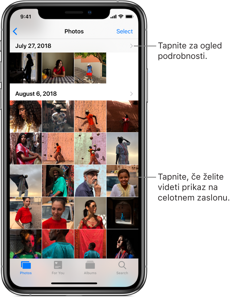 V aplikaciji Photos so na dnu zaslona od leve proti desni zavihki »Photos«, »For You«, »Albums« in »Search«. Izbran je zavihek »Photos«. Na zaslonu zgoraj je mreža sličic, organiziranih po kategoriji »Moments«. Nad vsakim trenutkom je zapisan datum zajetja fotografije. Za podrobnosti o trenutku tapnite datum. Tapnite sličico, če si želite fotografijo ogledati na celem zaslonu.