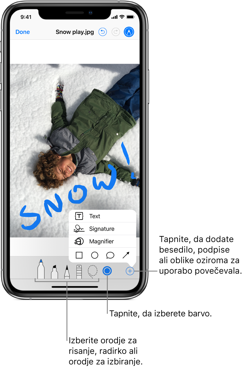 Slika v oknu »Markup«. Pod sliko so od leve proti desni gumbi za orodja za označevanje: peresa, radirka, orodje za izbiranje, barve ter gumbi za dodajanje besedilnega polja, vašega podpisa in oblik ter za izbiro lupe.