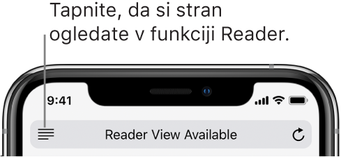 Polje za naslov v brskalniku Safari z gumbom »Reader« na levi strani.