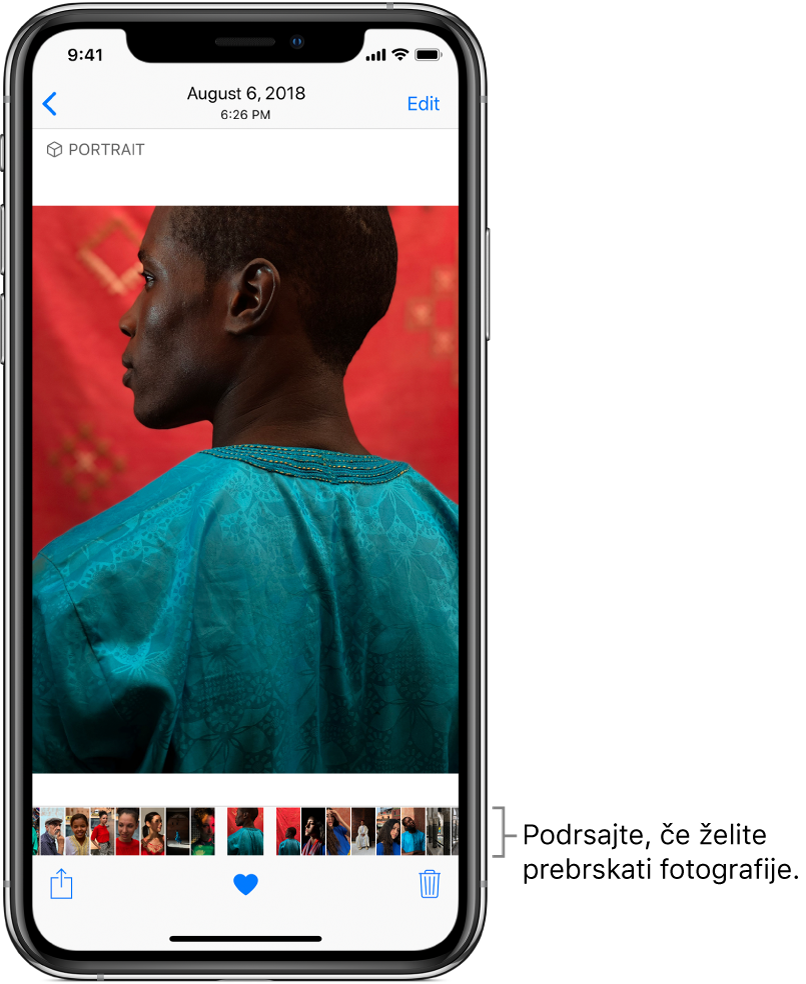 Fotografija s sličicami drugih fotografij na dnu zaslona. Zgoraj levo je gumb za vrnitev, ki vas vrne na zavihek, na katerem ste brskali. Na dnu so prikazani gumbi »Share«, »Like« in »Delete«. Zgoraj desno je gumb »Edit«.