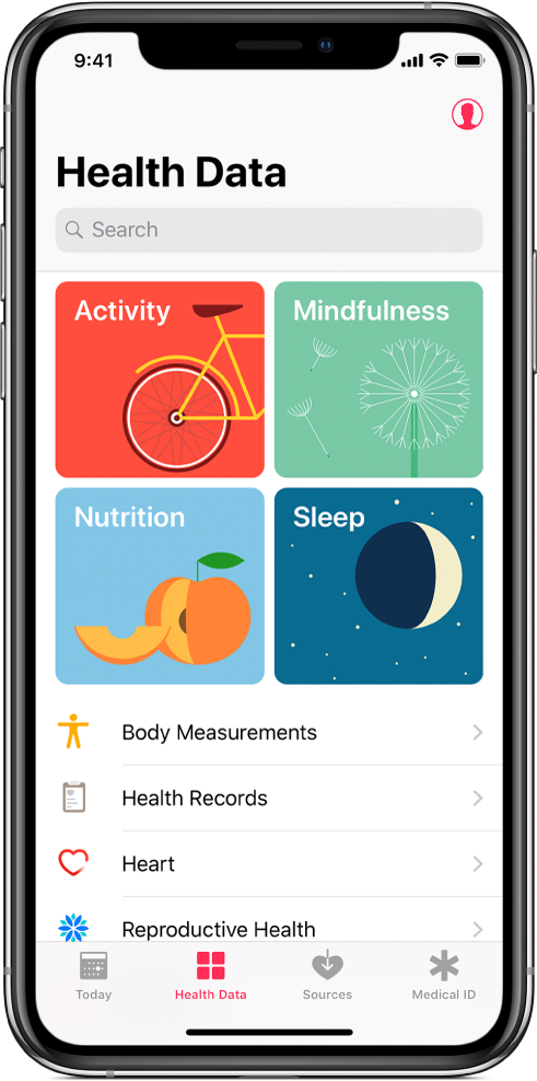 Zaslon »Health Data« aplikacije Health s kategorijami »Activity«, »Mindfulness«, »Nutrition« in »Sleep«. V zgornjem desnem kotu je prikazan gumb »Profile«. Na dnu so od leve proti desni zavihki »Today«, »Health Data«, »Sources« in »Medical ID«.