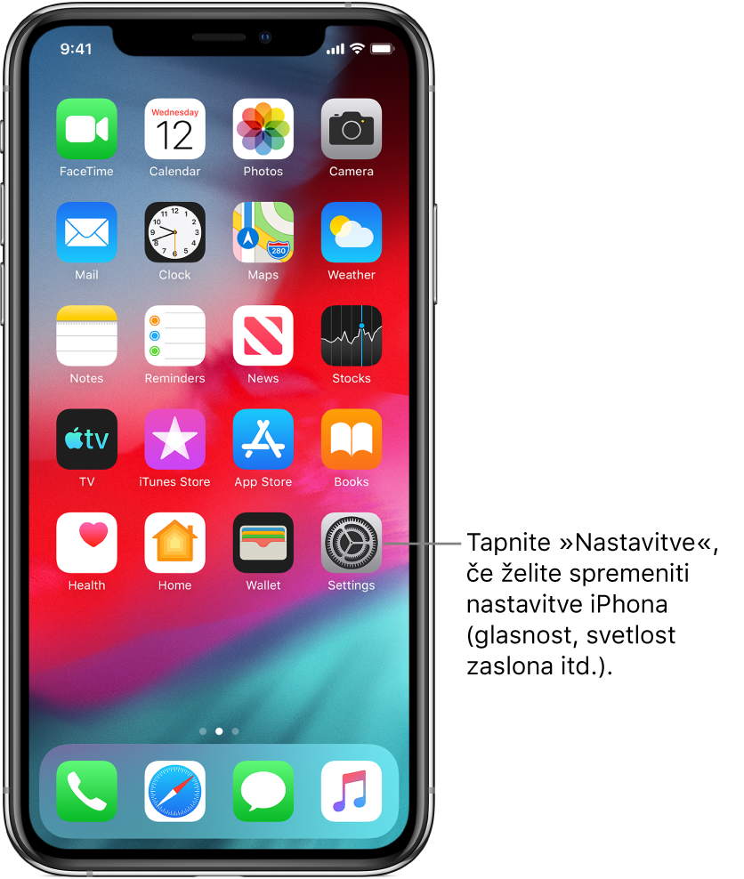 Domači zaslon s prikazanimi ikonami, vključno z ikono Settings, ki jo lahko tapnete in nato spremenite nastavitve iPhona (glasnost zvoka, osvetlitev zaslona itd.).
