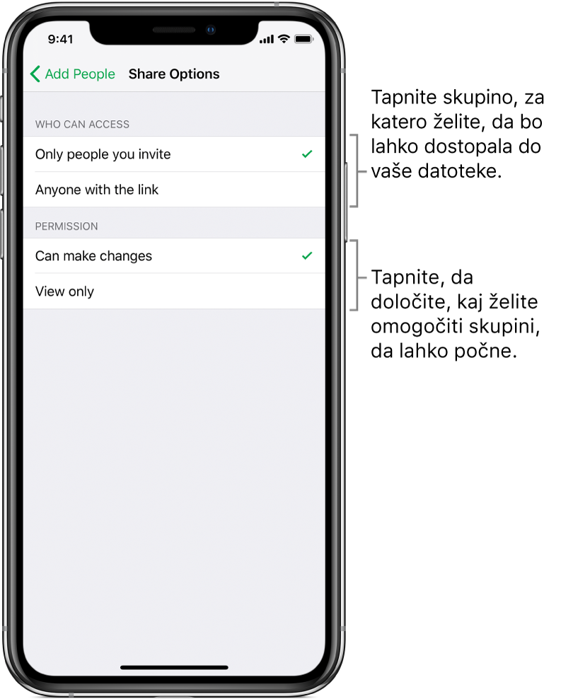Zaslon »Share Options«, na katerem so prikazana dovoljenja, ki jih lahko nastavite za datoteko v skupni rabi. Na vrhu so možnosti za osebe, ki lahko dostopajo do datoteke (samo osebe, ki jih povabite, ali osebe, ki imajo povezavo do datoteke). Pod možnostmi so dejanja, ki jih želite omogočiti za te osebe (spreminjanje datoteke ali samo ogled).