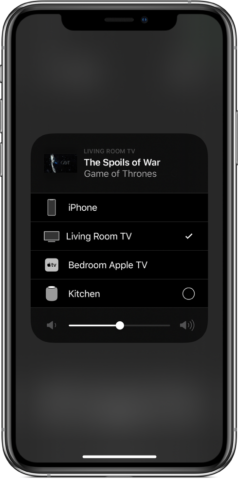  V odprtem oknu funkcije AirPlay je na vrhu prikazan naslov epizode za televizijsko oddajo. Pod njim je prikazan seznam naprav AirPlay. Izbrana je možnost »Living Room TV«. Drsnik za jakost zvoka je prikazan na dnu okna.